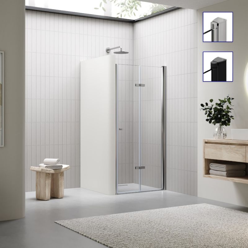 Porta de Duche Frontal Mila – Porta Articulada, Perfis Cromado ou Preto Mate