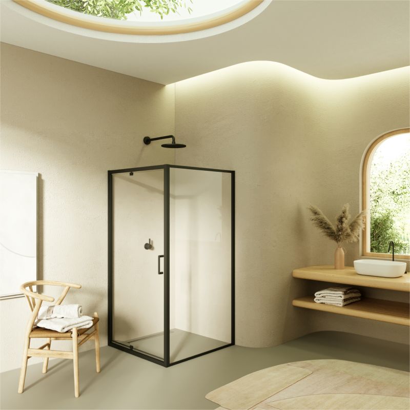 Cabine de Duche de Canto Isadora – Porta Pivotante, Perfis Preto Mate, Vidro ESG 6mm