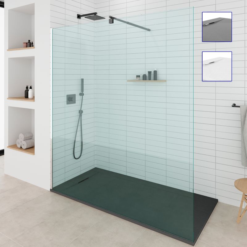 Base de Duche POLAR – Antiderrapante, Textura Pedra, Cinzento / Branco / Preto, com Sifão